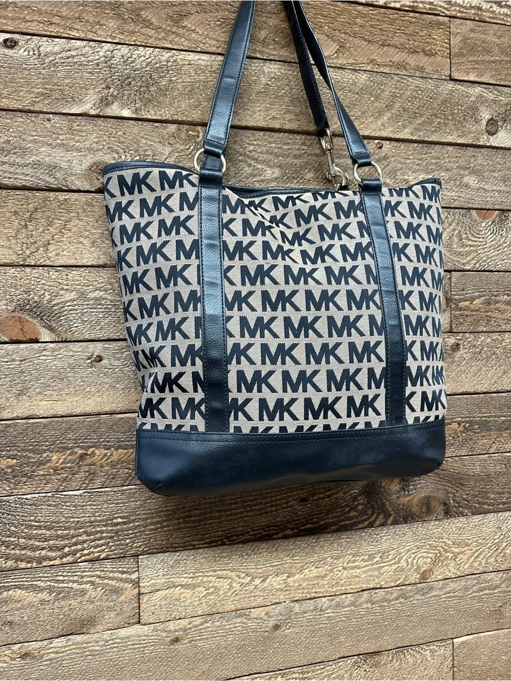 Michael Kors Black and Beige MK Logo Canvas Shoulder Tote